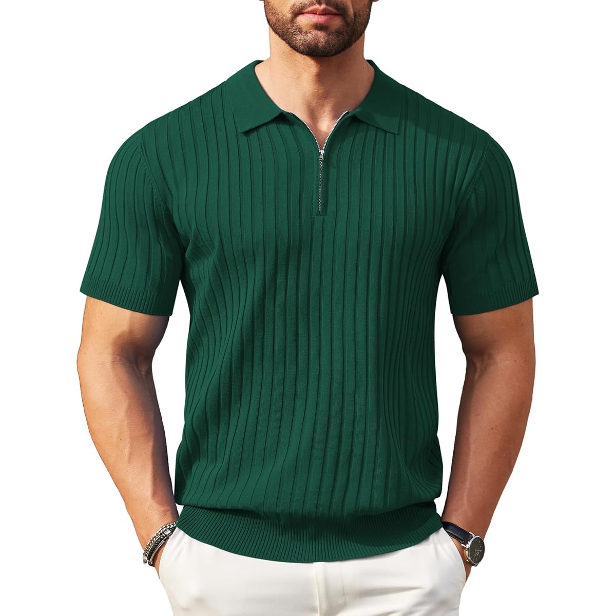 COOFANDY Men's Ribbed Knit Quarter-Zip Polo Shirt